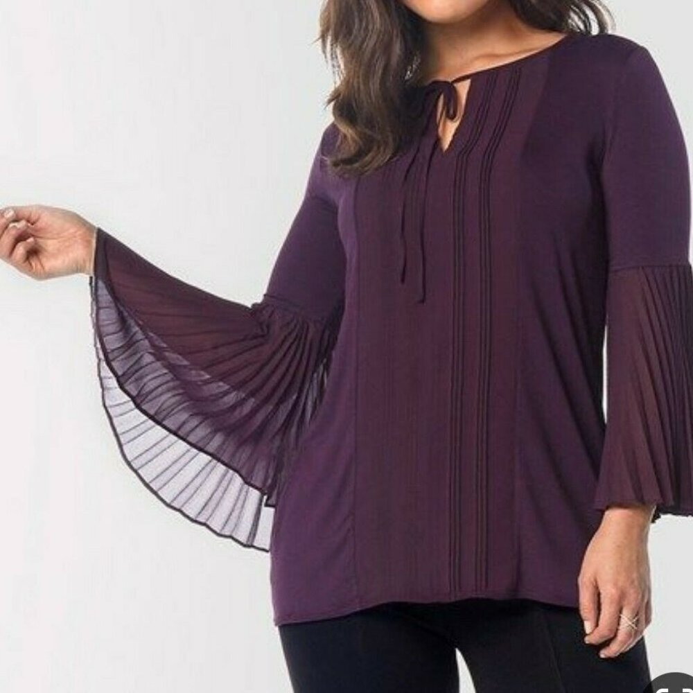 Ruby Ribbon Purple Boho Blouse Bell Sleeves Pleated‎ SIze 2X